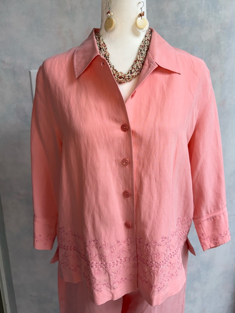 Dress Barn Silk/Linen Cruise Outfit - Conch Pink Top & Bottom w Embroidery NWT